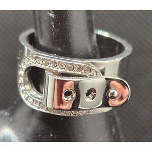 Michael Kors Silver Tone Buckle Ring Rhinestone Accents Wide Band Size 7